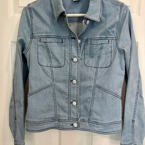 Cabi Locomotive Light Wash Pinstriped Button Up Jean Jacket